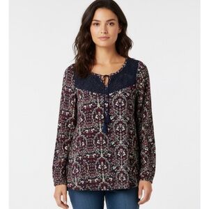 CAPE JUBY Boho Floral Lace Accent Top, Women’s PS, Multicolor